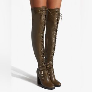 NIB Dark Olive Faux Leather Lace Up Boots